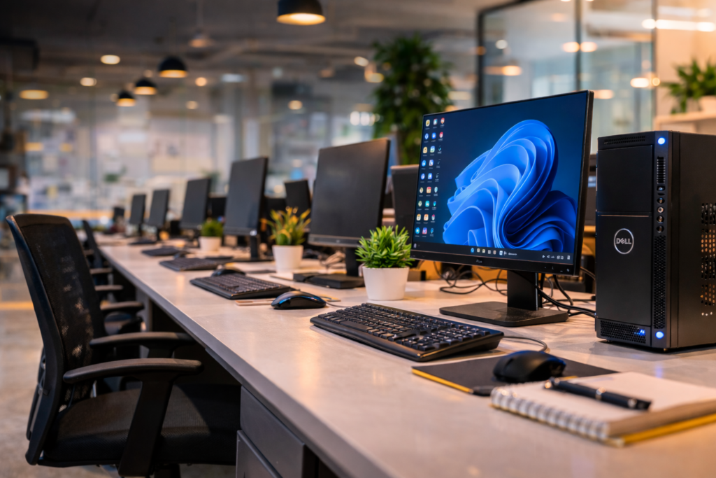 desktop computers in office setup for computer rental in delhi